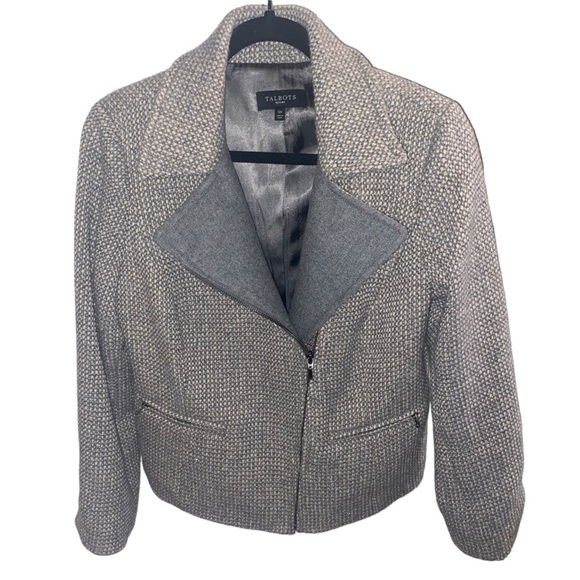 Talbots Wool Tweed Moto Zip Blazer Suit Jacket Coat Neutral Dark Academia 12P - Picture 1 of 7